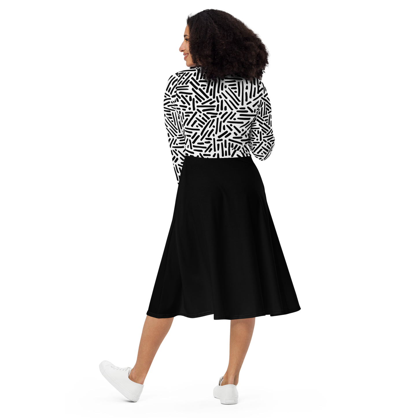 Black white pattern long sleeve midi dress