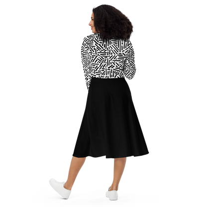 Black white pattern long sleeve midi dress