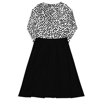 Black white pattern long sleeve midi dress