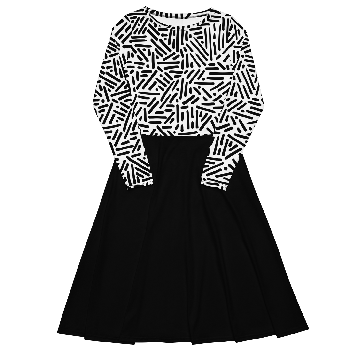 Black white pattern long sleeve midi dress