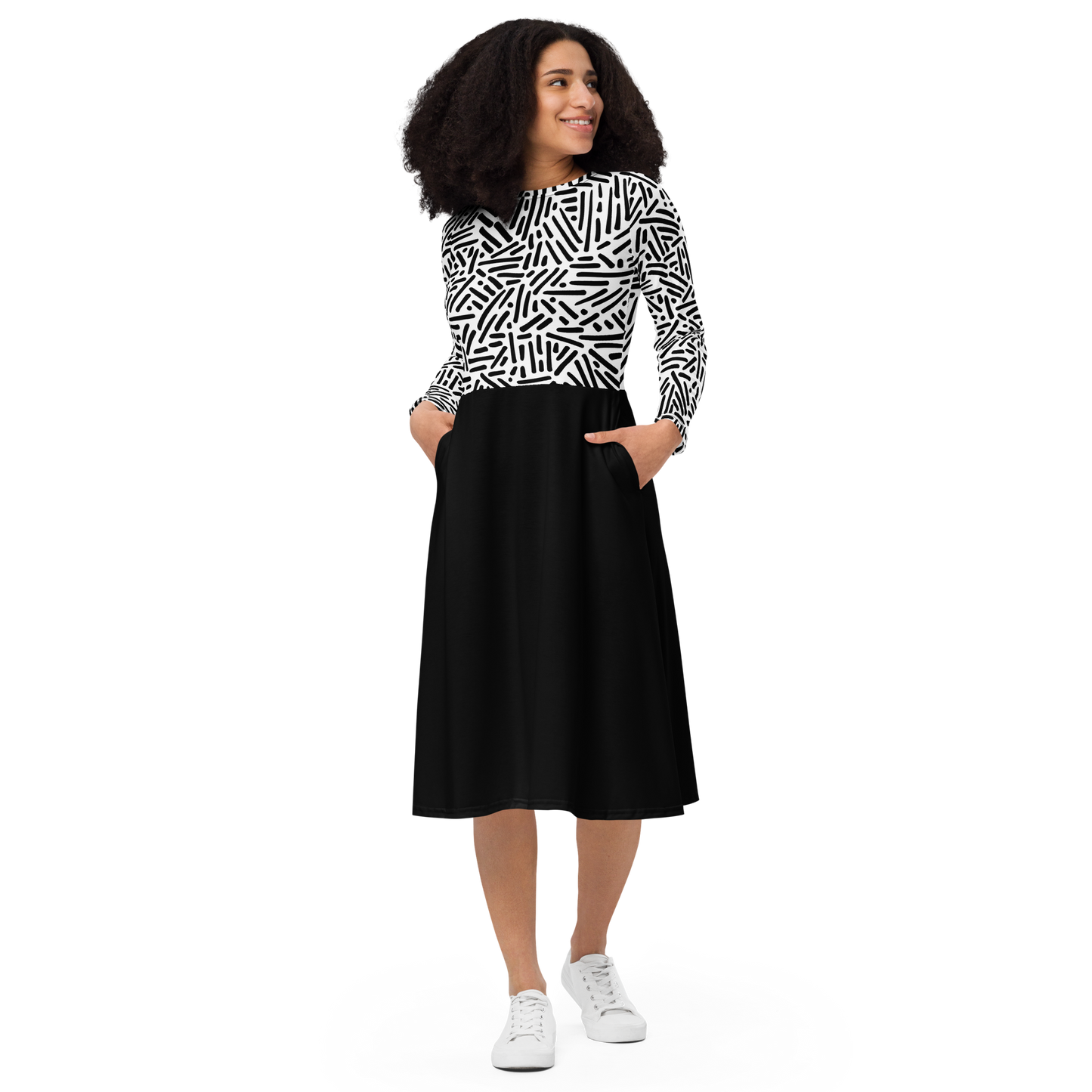 Black white pattern long sleeve midi dress