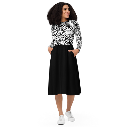 Black white pattern long sleeve midi dress