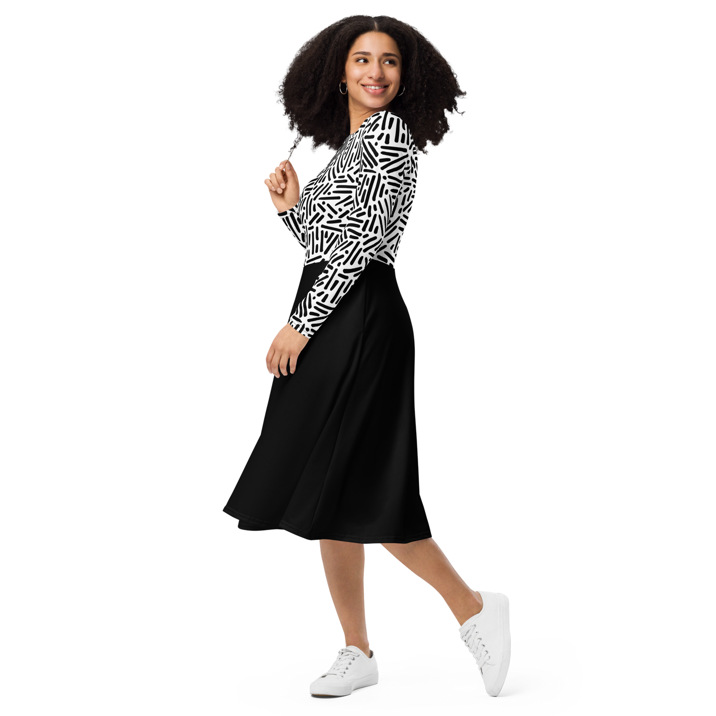 Black white pattern long sleeve midi dress