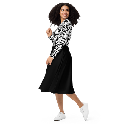 Black white pattern long sleeve midi dress
