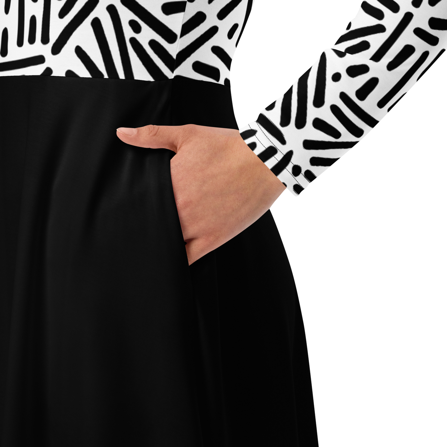 Black white pattern long sleeve midi dress