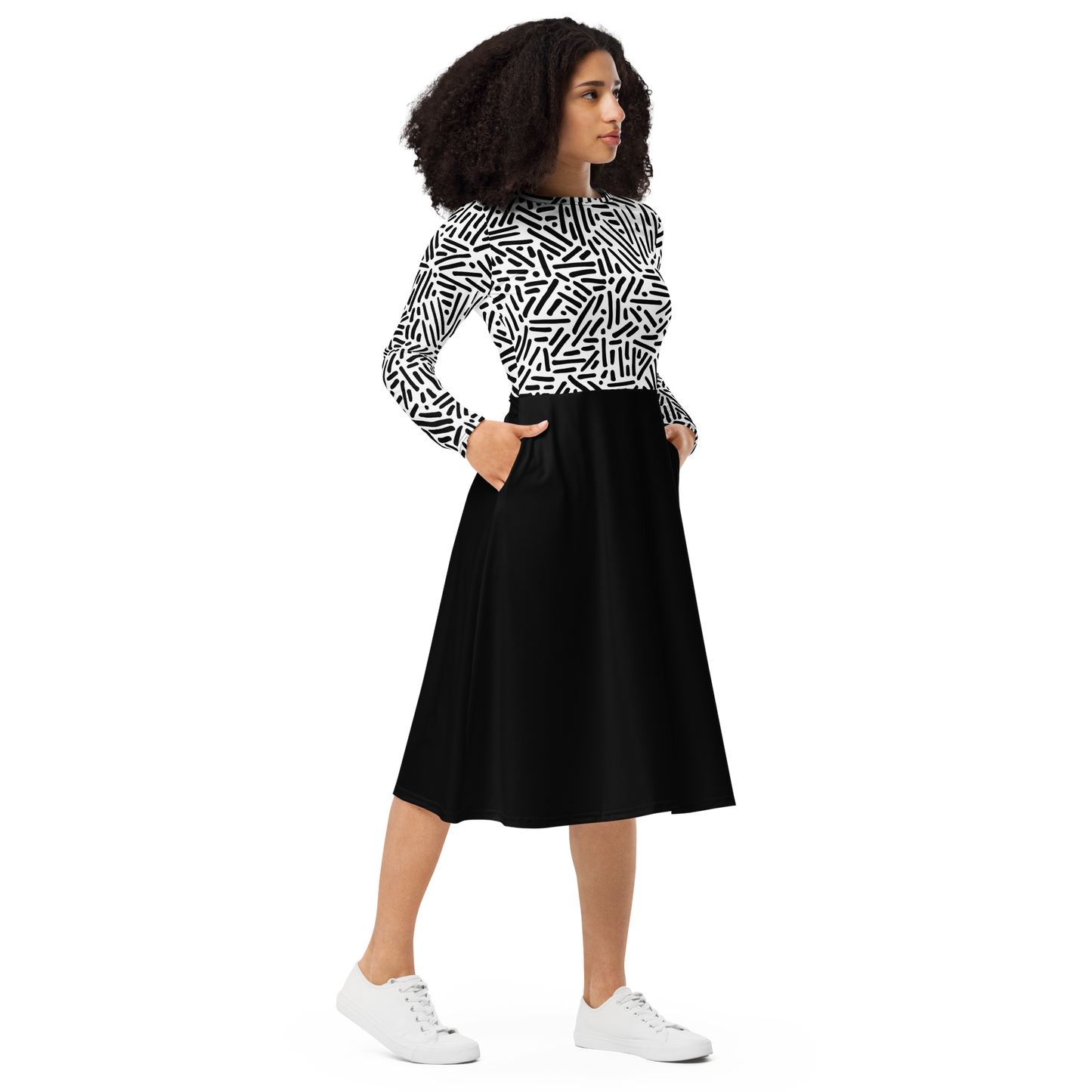 Black white pattern long sleeve midi dress