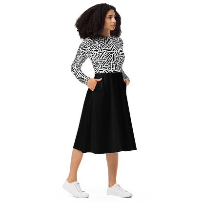 Black white pattern long sleeve midi dress