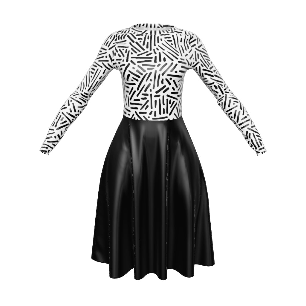 Black white pattern long sleeve midi dress